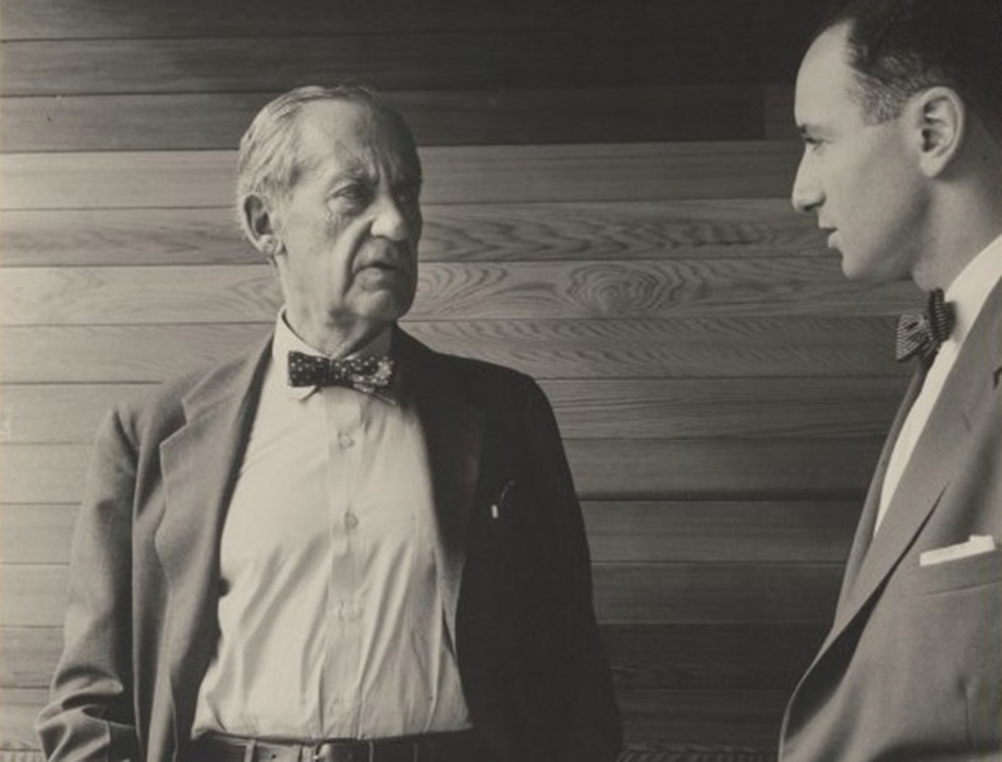 Max Dupain, portrait of Walter Gropius with Harry Seidler in Sydney inside the Julian Rose House, Wahroonga NSW